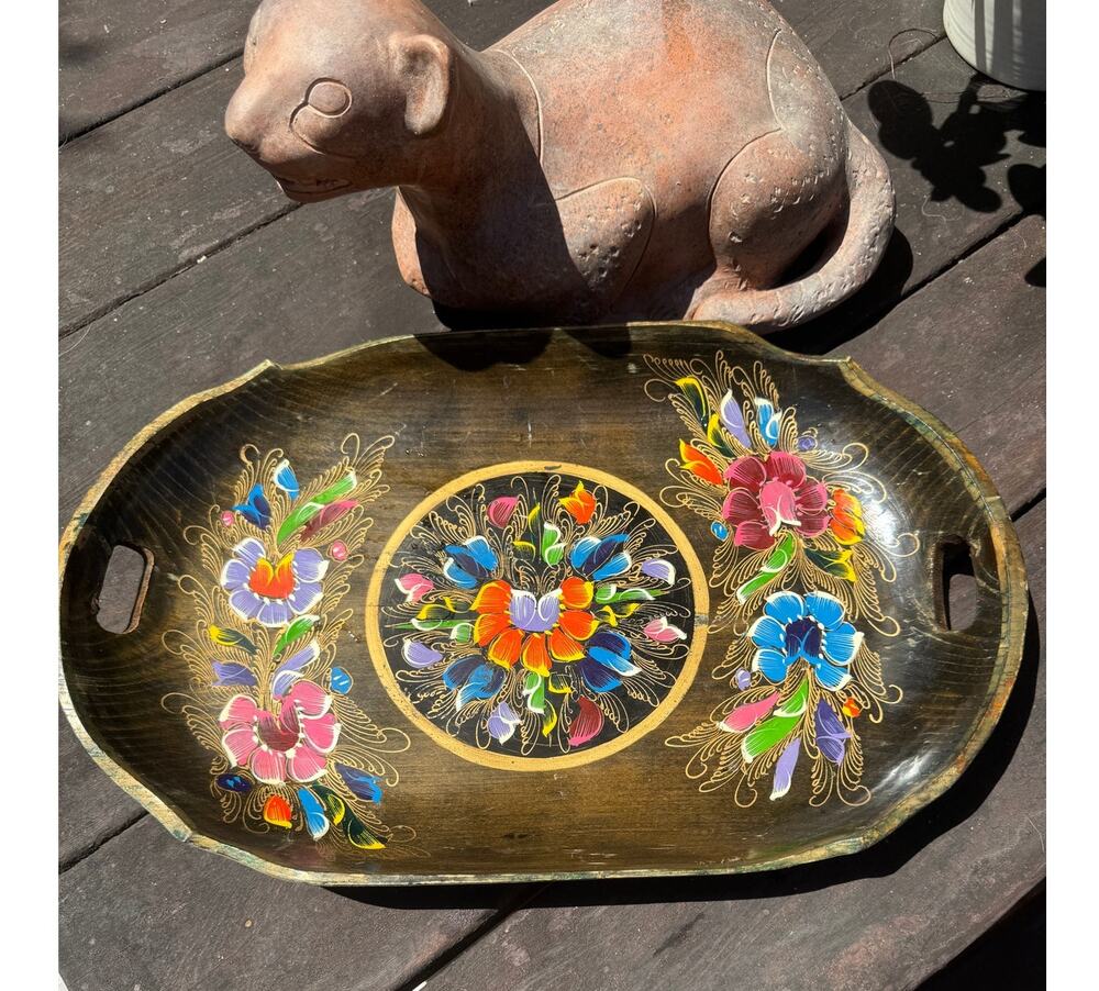Vintage Mexican Folk Art Batea Wood Tray Floral 17.5"
